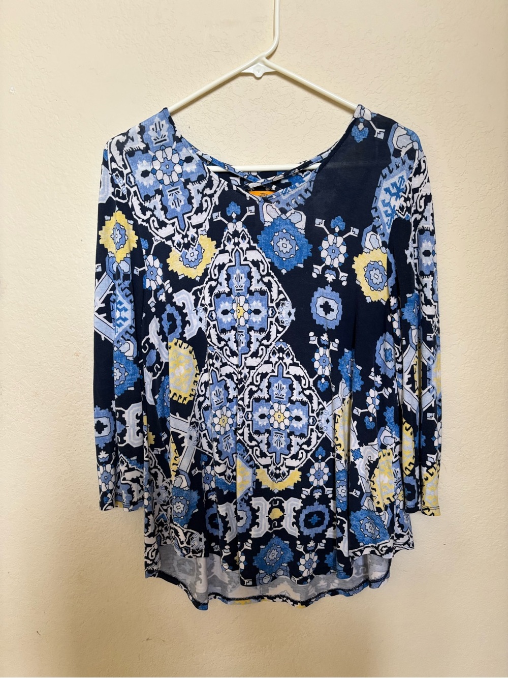Ruby Rd. Navy Blue & Yellow Medallion Print Long-Sleeve Top
